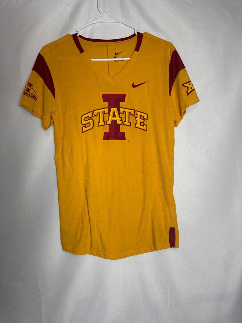 Nike Gold and Cardinal Big 12 Iowa State V-Neck Swimming and Diving T-Shirt S